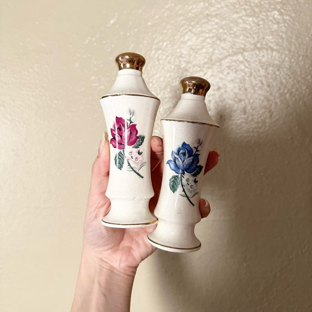 Vintage Pink and Blue Floral Rose Salt and Pepper Shakers - Picture 1 of 3